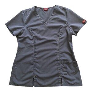 DICKIES medical scrub top silver-gray detailed pockets split end/front V-neck M